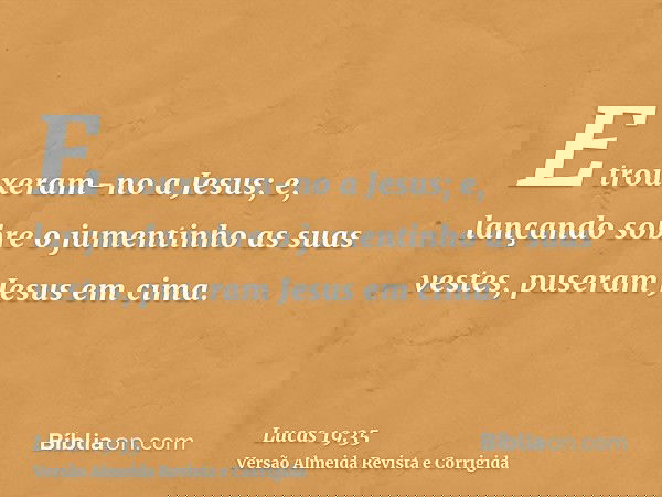 E trouxeram-no a Jesus; e, lançando sobre o jumentinho as suas vestes, puseram Jesus em cima.