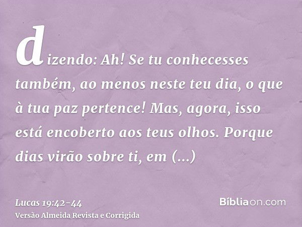 dizendo: Ah! Se tu conhecesses também, ao menos neste teu dia, o que à tua paz pertence! Mas, agora, isso está encoberto aos teus olhos.Porque dias virão sobre 