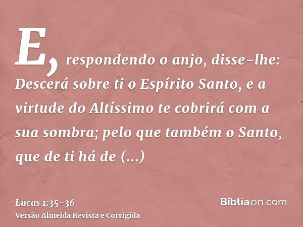 E, respondendo o anjo, disse-lhe: Descerá sobre ti o Espírito Santo, e a virtude do Altíssimo te cobrirá com a sua sombra; pelo que também o Santo, que de ti há