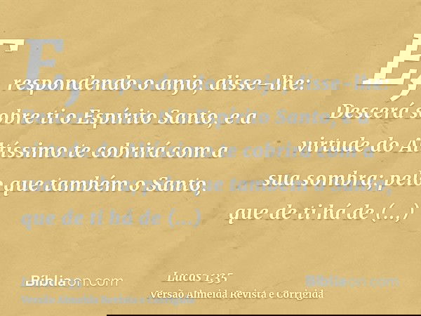 E, respondendo o anjo, disse-lhe: Descerá sobre ti o Espírito Santo, e a virtude do Altíssimo te cobrirá com a sua sombra; pelo que também o Santo, que de ti há