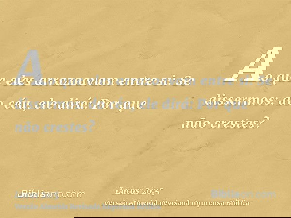 Ao que eles arrazoavam entre si: Se dissermos: do céu, ele dirá: Por que não crestes?