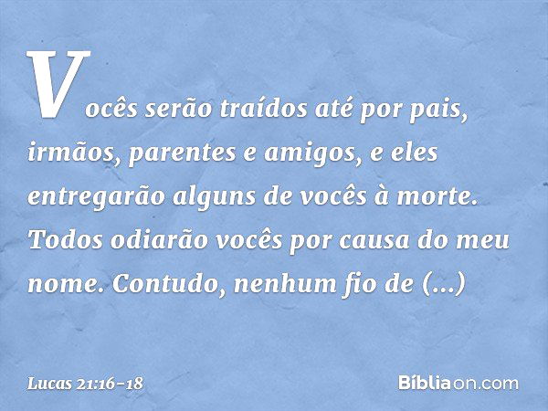 Vocês serão traídos até por pais, irmãos, parentes e amigos, e eles entregarão alguns de vocês à morte. Todos odiarão vocês por causa do meu nome. Contudo, nenh