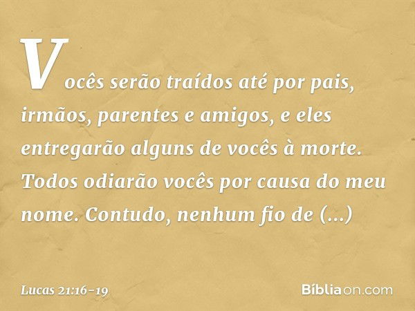 Vocês serão traídos até por pais, irmãos, parentes e amigos, e eles entregarão alguns de vocês à morte. Todos odiarão vocês por causa do meu nome. Contudo, nenh