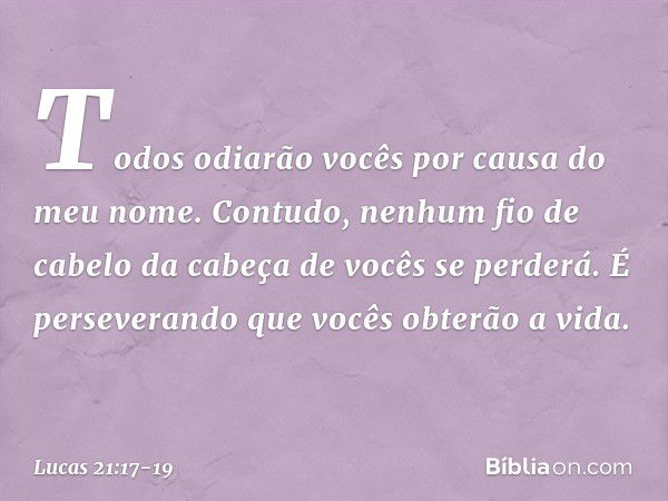 Todos odiarão vocês por causa do meu nome. Contudo, nenhum fio de cabelo da cabeça de vocês se perderá. É perseverando que vocês obterão a vida. -- Lucas 21:17-