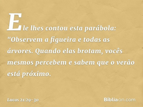 Ele lhes contou esta parábola: "Observem a figueira e todas as árvores. Quando elas brotam, vocês mesmos percebem e sabem que o verão está próximo. -- Lucas 21: