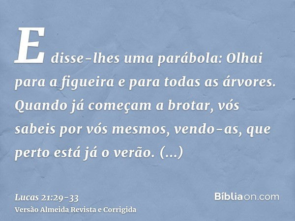 E disse-lhes uma parábola: Olhai para a figueira e para todas as árvores.Quando já começam a brotar, vós sabeis por vós mesmos, vendo-as, que perto está já o ve