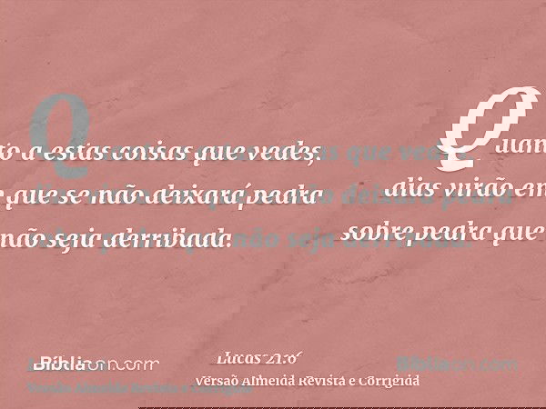 Quanto a estas coisas que vedes, dias virão em que se não deixará pedra sobre pedra que não seja derribada.