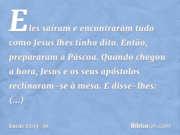 Eles saíram e encontraram tudo como Jesus lhes tinha dito. Então, prepararam a Páscoa. Quando chegou a hora, Jesus e os seus apóstolos reclinaram-se à mesa. E d