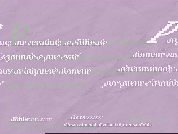 Porque, na verdade, o Filho do homem vai segundo o que está determinado; mas ai daquele homem por quem é traído!