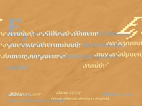 E, na verdade, o Filho do Homem vai segundo o que está determinado; mas ai daquele homem por quem é traído!