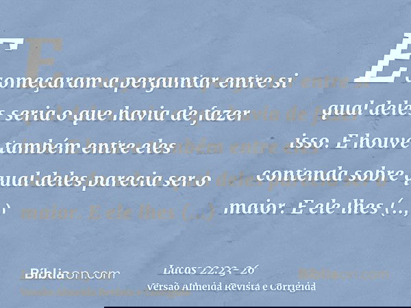 E começaram a perguntar entre si qual deles seria o que havia de fazer isso.E houve também entre eles contenda sobre qual deles parecia ser o maior.E ele lhes d