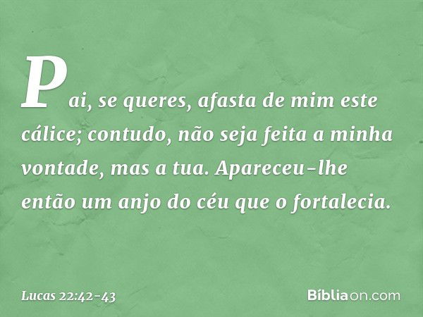 "Pai, se queres, afasta de mim este cálice; contudo, não seja feita a minha vontade, mas a tua". Apareceu-lhe então um anjo do céu que o fortalecia. -- Lucas 22