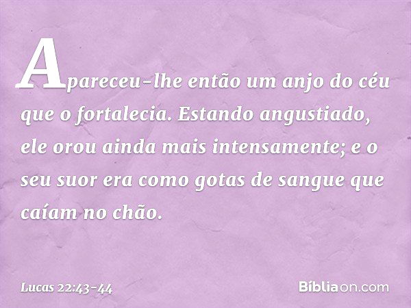 Apareceu-lhe então um anjo do céu que o fortalecia. Estando angustiado, ele orou ainda mais intensamente; e o seu suor era como gotas de sangue que caíam no chã