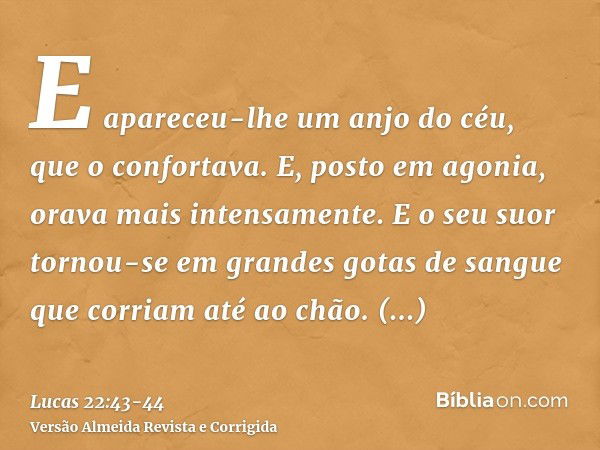 E apareceu-lhe um anjo do céu, que o confortava.E, posto em agonia, orava mais intensamente. E o seu suor tornou-se em grandes gotas de sangue que corriam até a