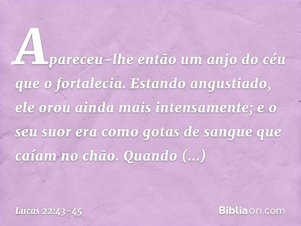 Apareceu-lhe então um anjo do céu que o fortalecia. Estando angustiado, ele orou ainda mais intensamente; e o seu suor era como gotas de sangue que caíam no chã