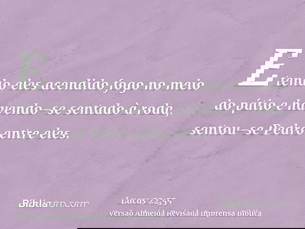 E tendo eles acendido fogo no meio do pátio e havendo-se sentado à roda, sentou-se Pedro entre eles.