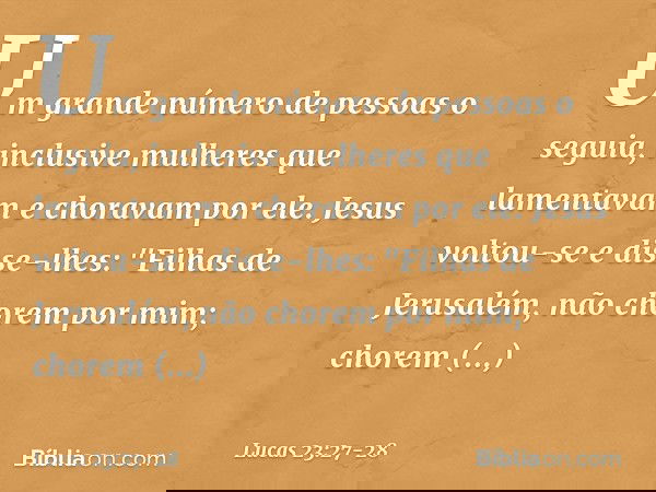 Um grande número de pessoas o seguia, inclusive mulheres que lamentavam e choravam por ele. Jesus voltou-se e disse-lhes: "Filhas de Jerusalém, não chorem por m