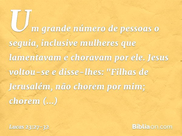 Um grande número de pessoas o seguia, inclusive mulheres que lamentavam e choravam por ele. Jesus voltou-se e disse-lhes: "Filhas de Jerusalém, não chorem por m