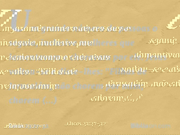 Um grande número de pessoas o seguia, inclusive mulheres que lamentavam e choravam por ele. Jesus voltou-se e disse-lhes: "Filhas de Jerusalém, não chorem por m