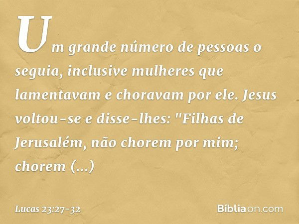 Um grande número de pessoas o seguia, inclusive mulheres que lamentavam e choravam por ele. Jesus voltou-se e disse-lhes: "Filhas de Jerusalém, não chorem por m