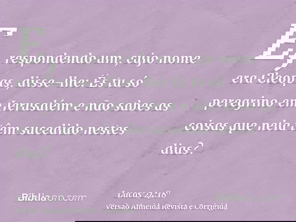 E, respondendo um, cujo nome era Cleopas, disse-lhe: És tu só peregrino em Jerusalém e não sabes as coisas que nela têm sucedido nestes dias?