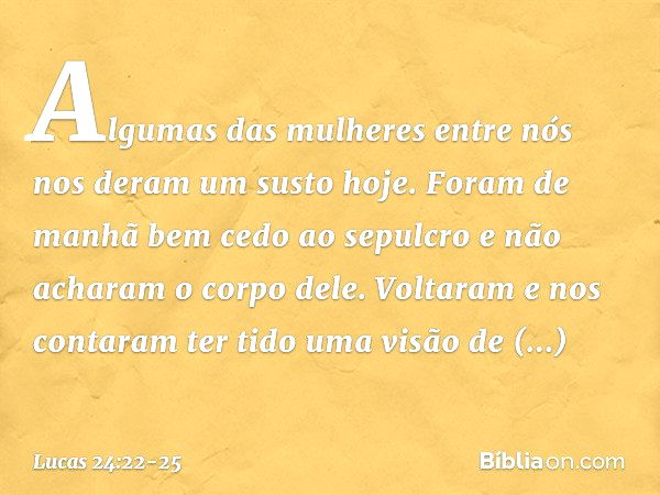 Algumas das mulheres entre nós nos deram um susto hoje. Foram de manhã bem cedo ao sepulcro e não acharam o corpo dele. Voltaram e nos contaram ter tido uma vis