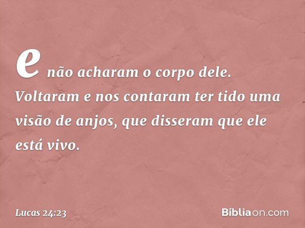 e não acharam o corpo dele. Voltaram e nos contaram ter tido uma visão de anjos, que disseram que ele está vivo. -- Lucas 24:23