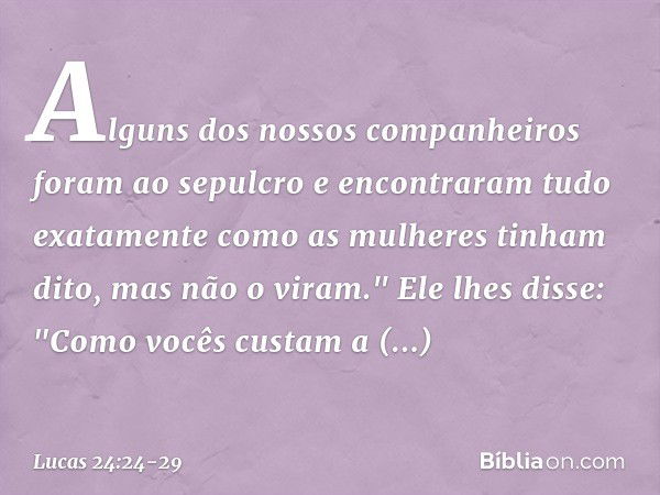 Alguns dos nossos companheiros foram ao sepulcro e encontraram tudo exatamente como as mulheres tinham dito, mas não o viram." Ele lhes disse: "Como vocês custa