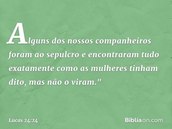 Alguns dos nossos companheiros foram ao sepulcro e encontraram tudo exatamente como as mulheres tinham dito, mas não o viram." -- Lucas 24:24