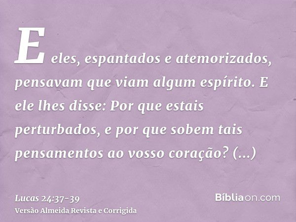 E eles, espantados e atemorizados, pensavam que viam algum espírito.E ele lhes disse: Por que estais perturbados, e por que sobem tais pensamentos ao vosso cora