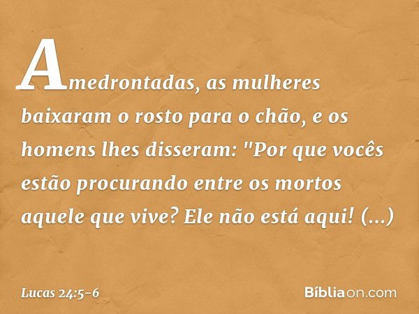 Amedrontadas, as mulheres baixaram o rosto para o chão, e os homens lhes disseram: "Por que vocês estão procurando entre os mortos aquele que vive? Ele não está