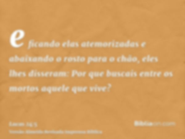 e ficando elas atemorizadas e abaixando o rosto para o chão, eles lhes disseram: Por que buscais entre os mortos aquele que vive?