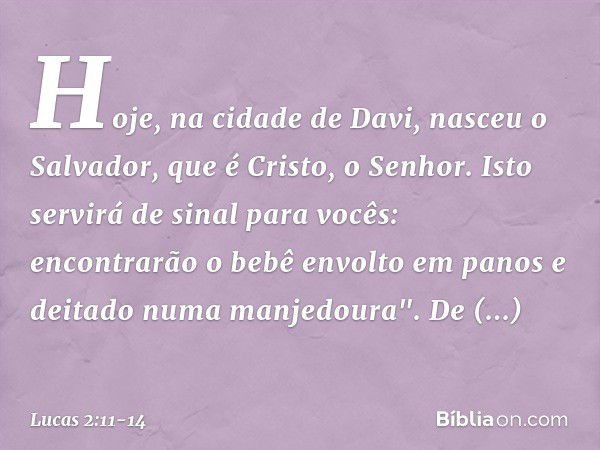 Hoje, na cidade de Davi, nasceu o Salvador, que é Cristo, o Senhor. Isto servirá de sinal para vocês: encontrarão o bebê envolto em panos e deitado numa manjedo