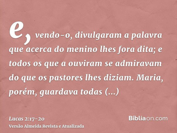 e, vendo-o, divulgaram a palavra que acerca do menino lhes fora dita;e todos os que a ouviram se admiravam do que os pastores lhes diziam.Maria, porém, guardava