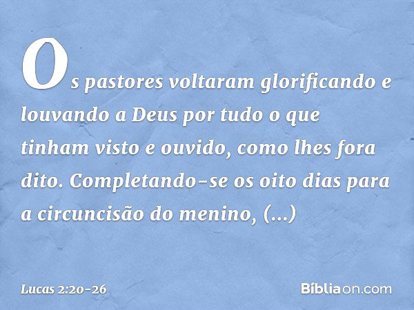 Os pastores voltaram glorificando e louvando a Deus por tudo o que tinham visto e ouvido, como lhes fora dito. Completando-se os oito dias para a circuncisão do