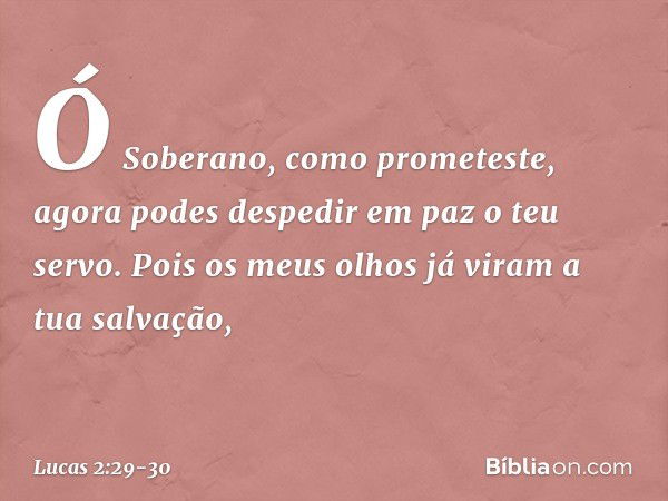 "Ó Soberano, como prometeste,
agora podes despedir em paz
o teu servo. Pois os meus olhos já viram
a tua salvação, -- Lucas 2:29-30