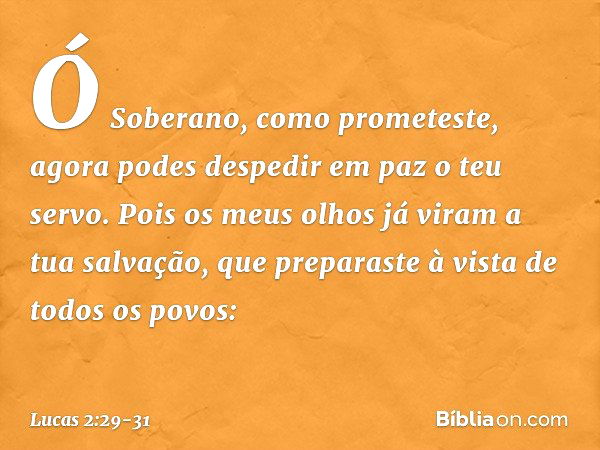 "Ó Soberano, como prometeste,
agora podes despedir em paz
o teu servo. Pois os meus olhos já viram
a tua salvação, que preparaste
à vista de todos os povos: -- 