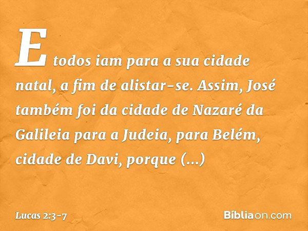 E todos iam para a sua cidade natal, a fim de alistar-se. Assim, José também foi da cidade de Nazaré da Galileia para a Judeia, para Belém, cidade de Davi, porq