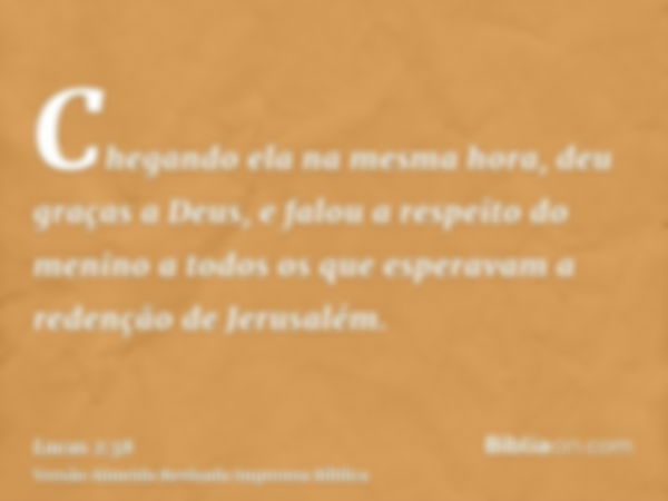 Chegando ela na mesma hora, deu graças a Deus, e falou a respeito do menino a todos os que esperavam a redenção de Jerusalém.