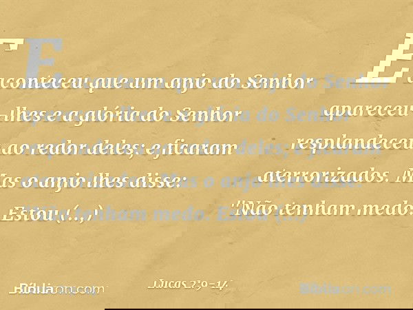 E aconteceu que um anjo do Senhor apareceu-lhes e a glória do Senhor resplandeceu ao redor deles; e ficaram aterrorizados. Mas o anjo lhes disse: "Não tenham me