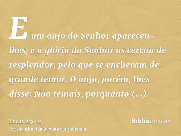 E um anjo do Senhor apareceu-lhes, e a glória do Senhor os cercou de resplendor; pelo que se encheram de grande temor.O anjo, porém, lhes disse: Não temais, por