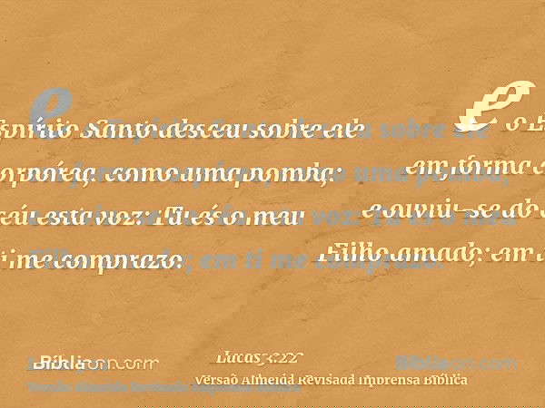 e o Espírito Santo desceu sobre ele em forma corpórea, como uma pomba; e ouviu-se do céu esta voz: Tu és o meu Filho amado; em ti me comprazo.