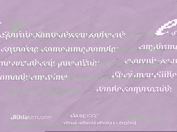 e o Espírito Santo desceu sobre ele em forma corpórea, como uma pomba; e ouviu-se uma voz do céu, que dizia: Tu és meu Filho amado; em ti me tenho comprazido.