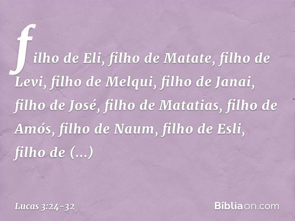 filho de Eli,
filho de Matate,
filho de Levi, filho de Melqui,
filho de Janai, filho de José, filho de Matatias,
filho de Amós,
filho de Naum, filho de Esli,
fi