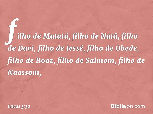filho de Matatá, filho de Natã,
filho de Davi,
filho de Jessé,
filho de Obede, filho de Boaz,
filho de Salmom,
filho de Naassom, -- Lucas 3:32