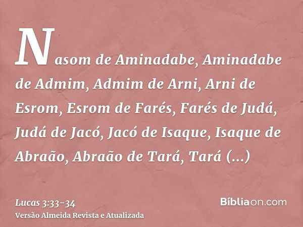 Nasom de Aminadabe, Aminadabe de Admim, Admim de Arni, Arni de Esrom, Esrom de Farés, Farés de Judá,Judá de Jacó, Jacó de Isaque, Isaque de Abraão, Abraão de Ta