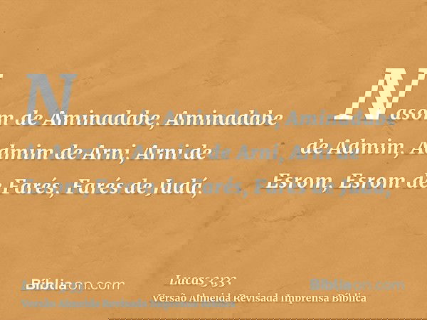 Nasom de Aminadabe, Aminadabe de Admim, Admim de Arni, Arni de Esrom, Esrom de Farés, Farés de Judá,
