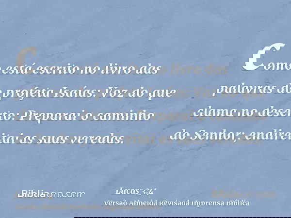 como está escrito no livro das palavras do profeta Isaías: Voz do que clama no deserto: Preparai o caminho do Senhor; endireitai as suas veredas.
