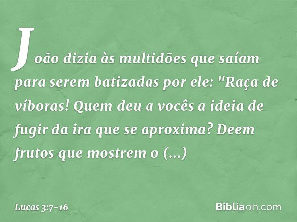 João dizia às multidões que saíam para serem batizadas por ele: "Raça de víboras! Quem deu a vocês a ideia de fugir da ira que se aproxima? Deem frutos que most