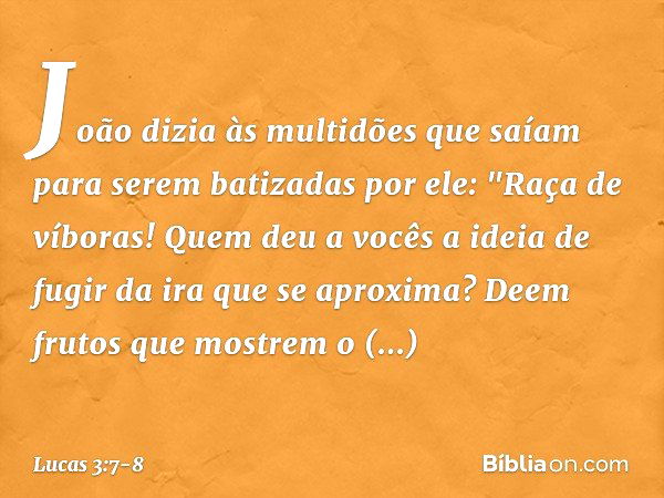 João dizia às multidões que saíam para serem batizadas por ele: "Raça de víboras! Quem deu a vocês a ideia de fugir da ira que se aproxima? Deem frutos que most